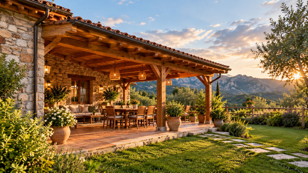 Porche de madera, comedor exterior y jardín de Casa Vallecillo