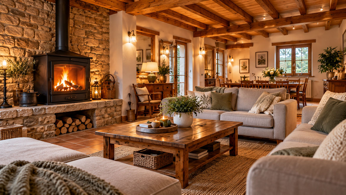 Salón acogedor de Casa Vallecillo con chimenea, vigas de madera y sofás