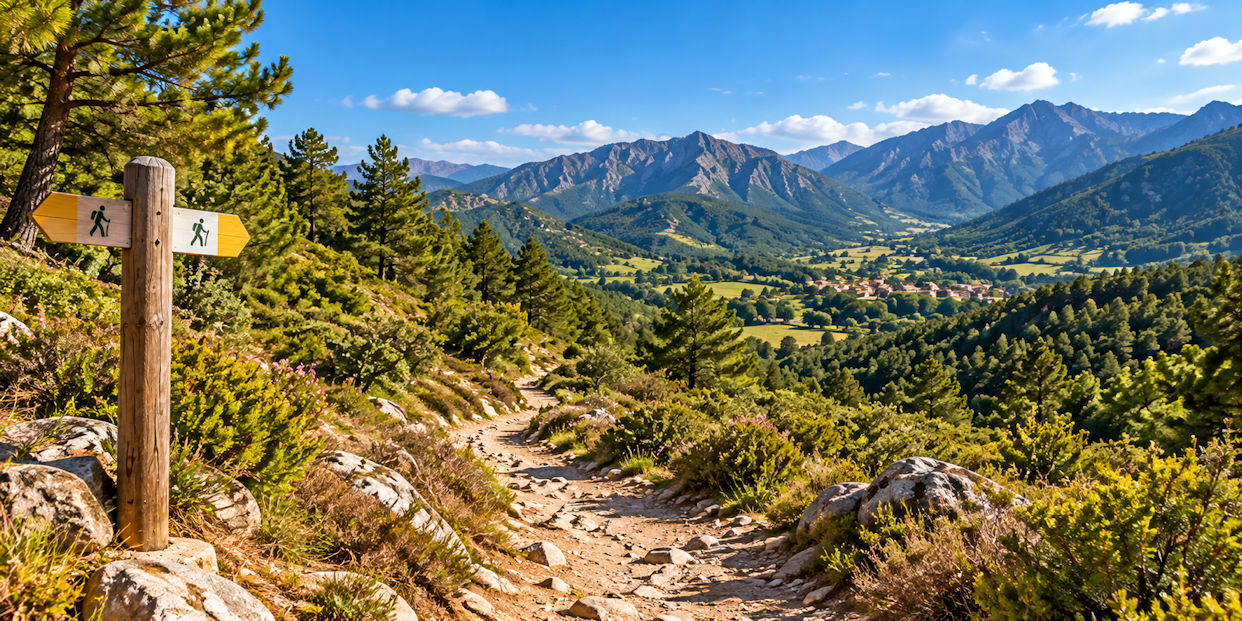 Sendero señalizado entre montañas y bosques