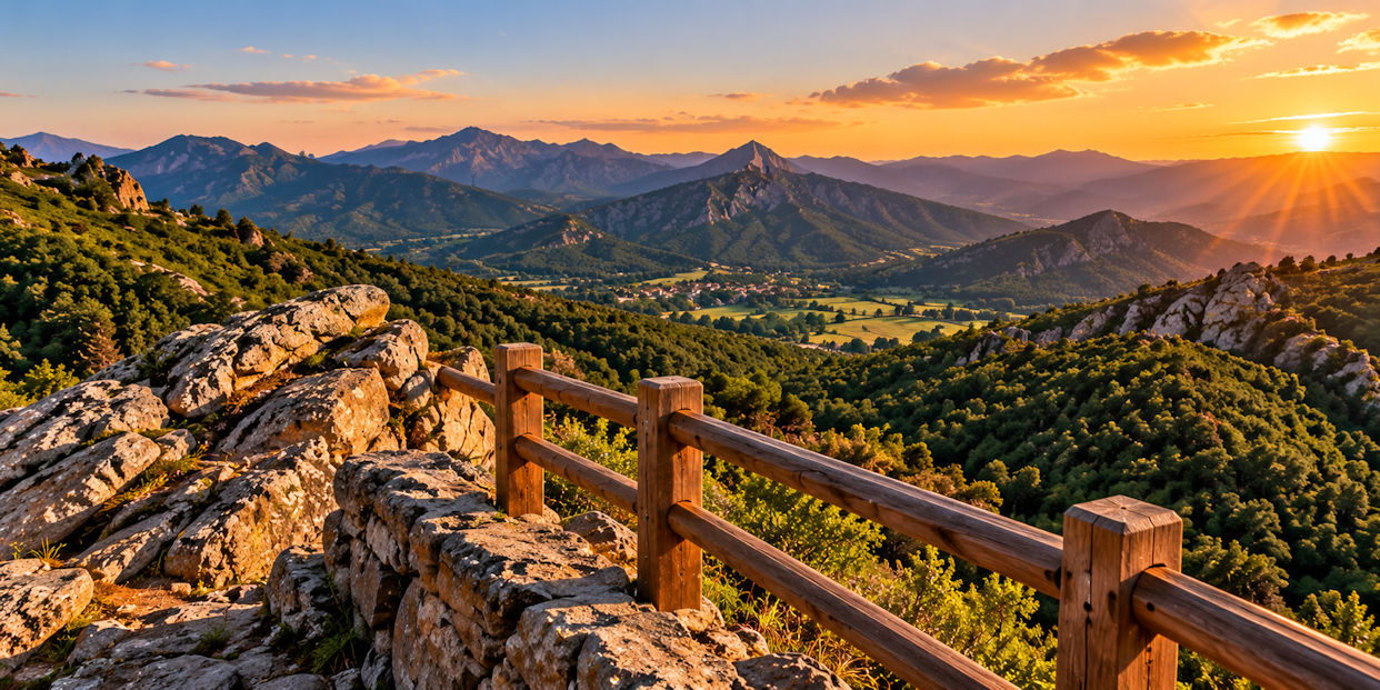 Mirador de piedra y madera con vistas a un valle montañoso al atardecer